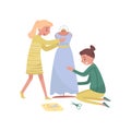 Two young girls sews dress. Profession of fashion designer. Female dressmakers at work. Flat vector illustration