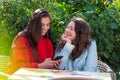 Two women with smartphone  sit in outdoor cafe, sharing the news and  laughing, girls party concept Royalty Free Stock Photo