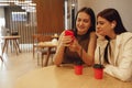Two young girls are sitting in cafe with modern interior. Smiling longhaired brunettes women looking at smartphone at restaurant Royalty Free Stock Photo