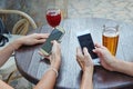 Two young girls watching mobile phones Royalty Free Stock Photo