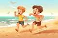 Two young happy boys run on the beach in summer, illustration generated by AI Royalty Free Stock Photo