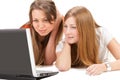 Two young happy student girl work on laptop Royalty Free Stock Photo