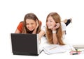 Two young happy student girl work on laptop Royalty Free Stock Photo