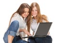 Two young happy student girl work on laptop Royalty Free Stock Photo