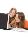 Two young happy student girl work on laptop Royalty Free Stock Photo