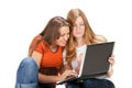 Two young happy student girl work on laptop Royalty Free Stock Photo