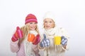 Two young happy winter woman with cup of tea Royalty Free Stock Photo