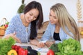 Two young happy women are making online shopping by tablet computer and credit card. Friends are going to cook in th Royalty Free Stock Photo