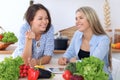 Two young happy women are making online shopping by tablet computer and credit card. Friends are going to cook in th Royalty Free Stock Photo