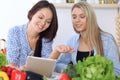 Two young happy women are making online shopping by tablet computer and credit card. Friends are going to cook in th Royalty Free Stock Photo