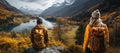 Two young hikers traveling for sport and leisure in an alpine valley Royalty Free Stock Photo