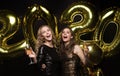 Two young ladies drinking champagne. Image of girls with balloons isolated on black background Royalty Free Stock Photo