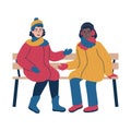 Friendly conversation between two people during the winter time. Isolated vector illustration.