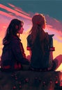 Two young lady sitting on sunset view