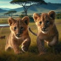 two young lion cubs playing and learning to hunt Royalty Free Stock Photo