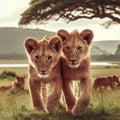 two young lion cubs playing and learning to hunt Royalty Free Stock Photo