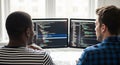 Two young male programmers collaborating on coding project using multiple computer monitors in bright office space Royalty Free Stock Photo