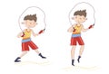 Two young men - experienced athlete and the beginner warming up on skipping ropes before working out or doing sport in