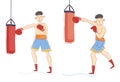 Two young men - experienced boxer and the beginner working out on punch bags in a gym in a health and fitness and