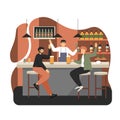 Two young men sitting at bar counter and drinking beer in cafe, pub, vector flat illustration Royalty Free Stock Photo