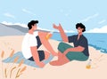 Two young men sitting on the beach in the summer,drinking beer and talking.The time with male friend.Vector illustration Royalty Free Stock Photo