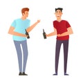 Two young men standing and talking with a bottle of beer in hand. Royalty Free Stock Photo