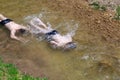 Two young men swim underwater in a shallow small river early spring Royalty Free Stock Photo