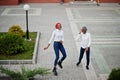 Two young modern fashionable, attractive, tall and slim african muslim womans in hijab or turban head scarf posed together Royalty Free Stock Photo