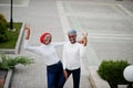 Two young modern fashionable, attractive, tall and slim african muslim womans in hijab or turban head scarf posed together Royalty Free Stock Photo