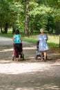 Rear view of two young mothers pushing strollers in park Royalty Free Stock Photo