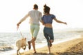 Two young people running on the beach kissing and holding tight with dog Royalty Free Stock Photo