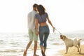 Two young people running on the beach kissing and holding tight with dog Royalty Free Stock Photo