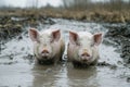 Two young pigs are cooling off in a muddy puddle on a farm Royalty Free Stock Photo