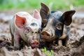 Two young pigs laying in a dirt Royalty Free Stock Photo