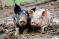 Two young pigs laying in a dirt Royalty Free Stock Photo