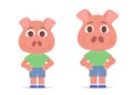 two young pink pigs in shorts and shirts stand isolated on white background. symbol of the year. flat style cartoon
