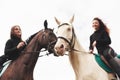 Two young pretty girls riding a horses on a field. They loves animals andhorseback riding Royalty Free Stock Photo