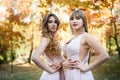 Two young princess wearing nice beige dress in autumn park. Fashion photo