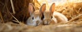two Young rabbits without fur are resting in straw, fluffy eater concept Royalty Free Stock Photo
