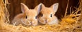 two Young rabbits without fur are resting in straw, fluffy eater concept Royalty Free Stock Photo