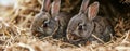 two Young rabbits without fur are resting in straw, fluffy eater concept Royalty Free Stock Photo