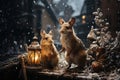 Two young rabbits with a lantern in the small town while snowing Royalty Free Stock Photo
