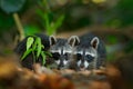 Two young Raccoon, Procyon lotor, hidden in the green vegetation near beach in National Park Manuel Antonio, Costa Rica. Wildlife Royalty Free Stock Photo