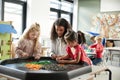 Two young schoolgirls standing at a table playing a game with their female teacher in an infant school classroom, selective focus