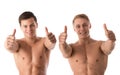 Two young smiling bodybuilder gesturing thumbs up