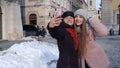 Two young smiling women tourists bloggers taking selfie photos portrait, video conferencing call Royalty Free Stock Photo