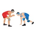 A two young strong athletes is a freestyle wrestlers begin their duel