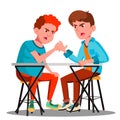 Two Young Strong Men Compete In Arm Wrestling Vector. Isolated Illustration Royalty Free Stock Photo