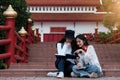 Two Young students campus learning tutoring with friend after class stop. Study, education, university, college Royalty Free Stock Photo