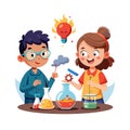 Two young students conduct a science experiment together with beakers and scientific materials Royalty Free Stock Photo
